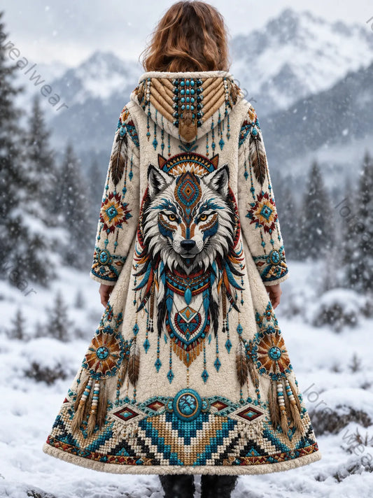 Women's Vintage Viking Wolf Head Aztec Thick Flannel Jacket