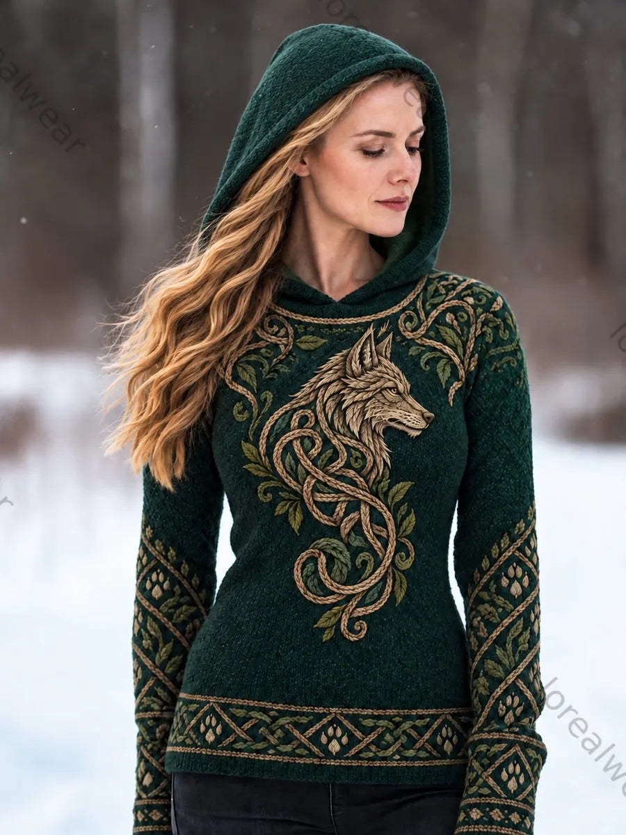 Women's Retro Viking Wolf Art Hoodie