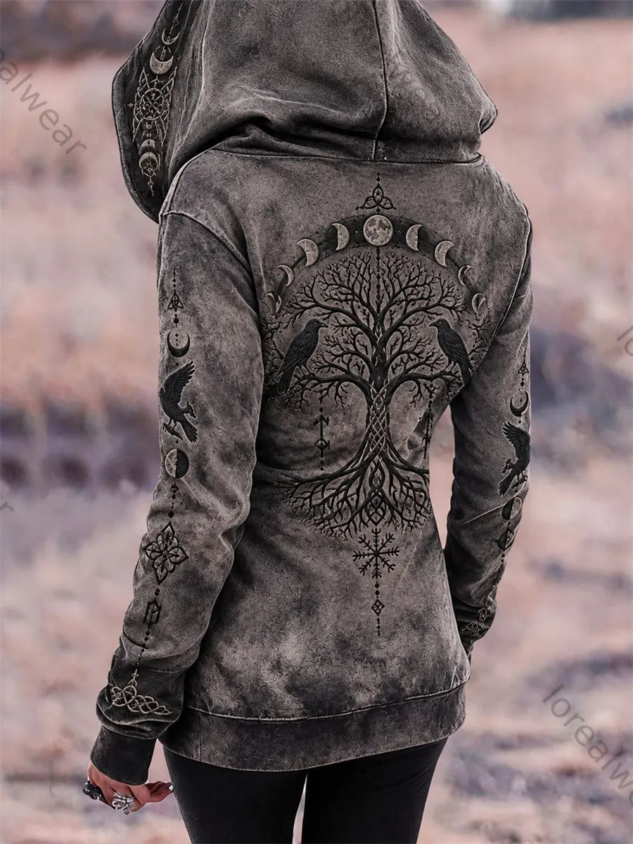 Women's Vintage Viking Tree of Life & Ravens Moon Phase Celtic Knot Print Full Zip Hoodie
