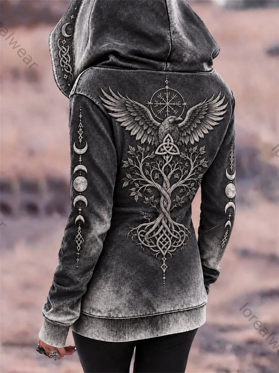 Women's Vintage Viking Raven Tree of Life Moon Phase Celtic Knot Print Full Zip Hoodie