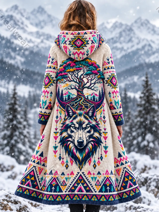 Women's Vintage Viking Wolf Head Aztec Thick Flannel Jacket
