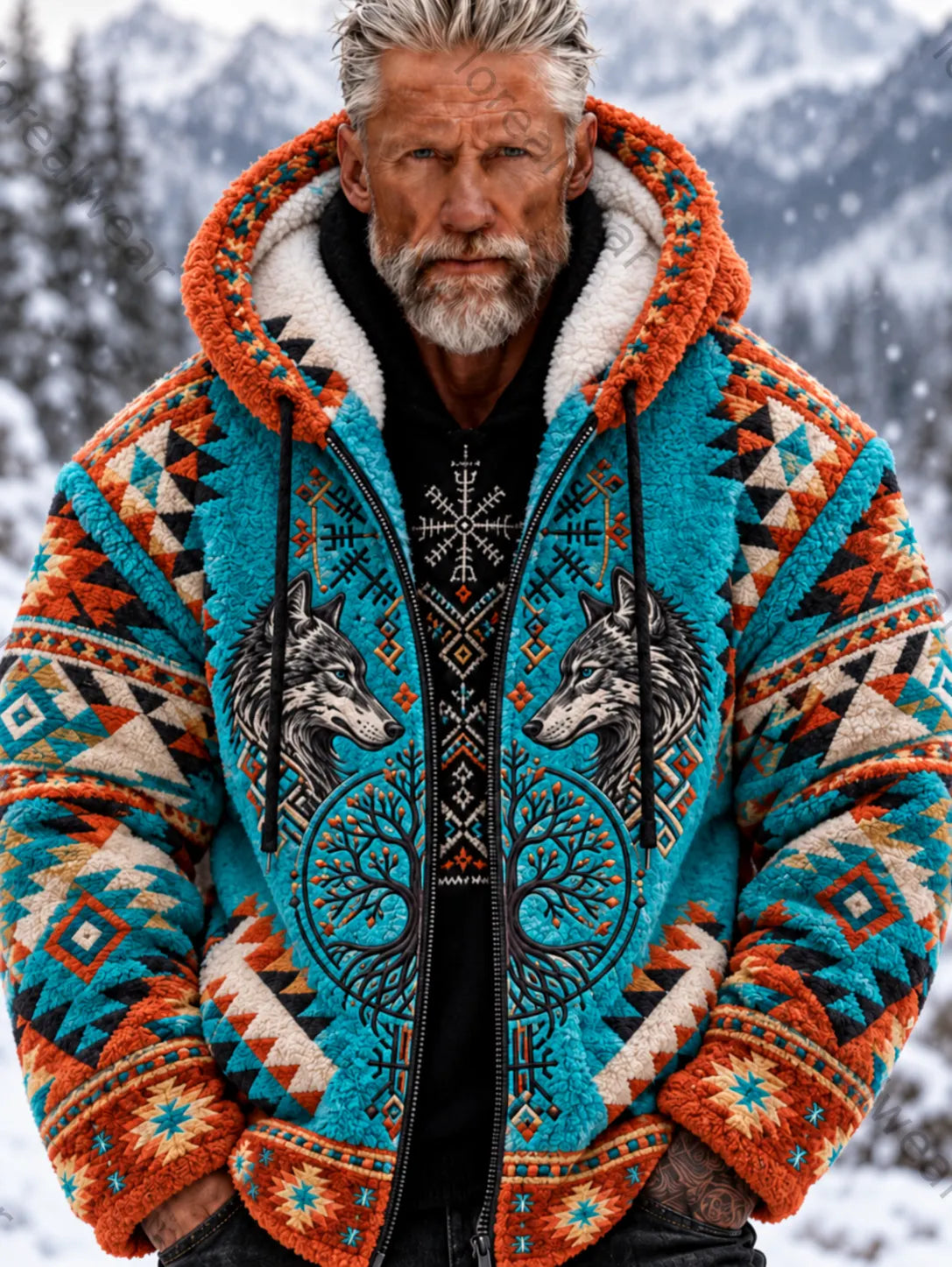 Men's Vintage Viking Wolf Head Aztec Thick Flannel Jacket