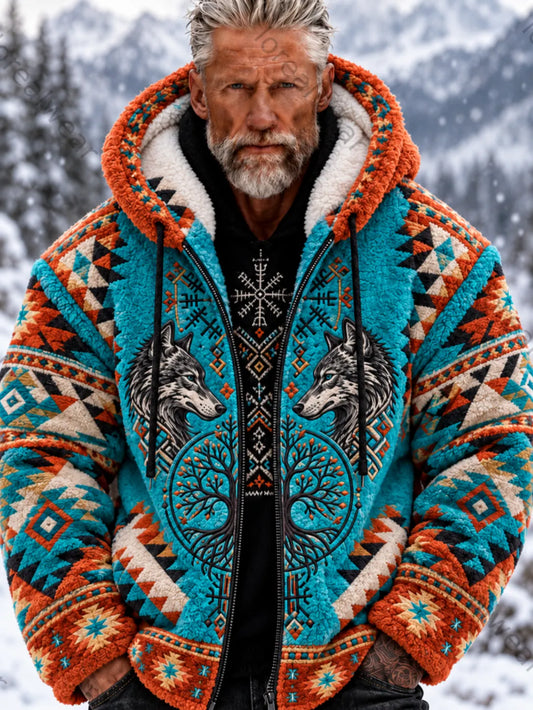 Men's Vintage Viking Wolf Head Aztec Thick Flannel Jacket