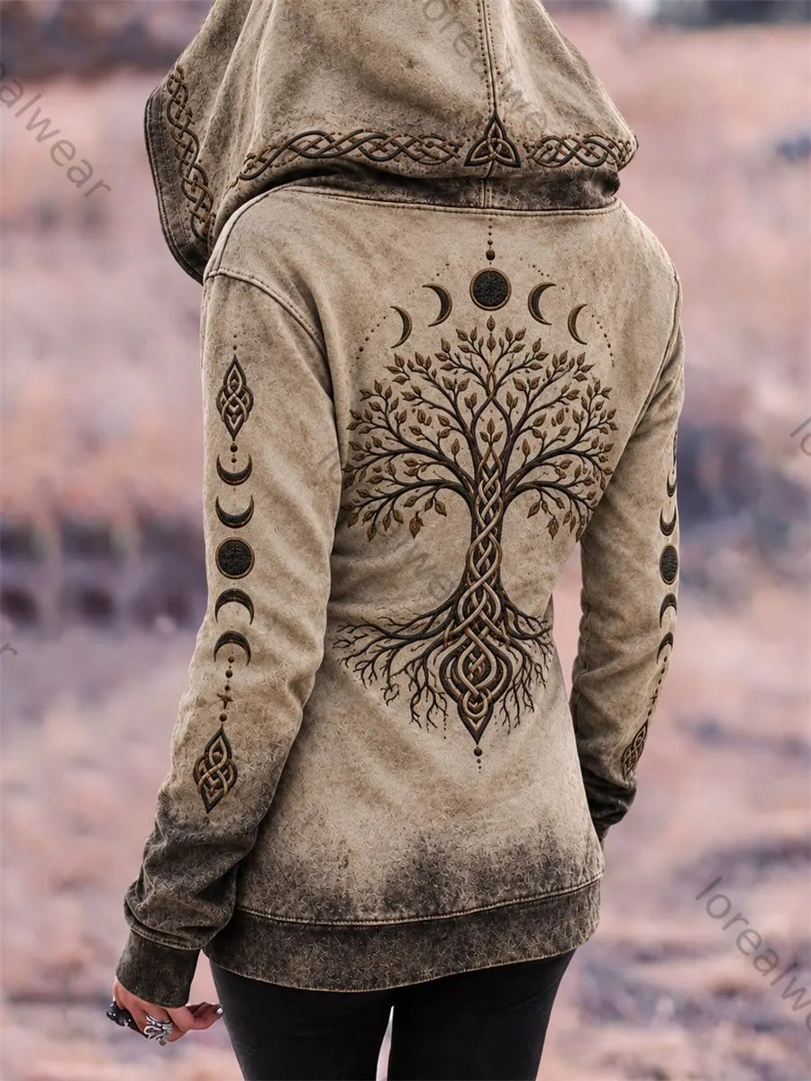 Women's Vintage Viking Tree of Life Moon Phase Celtic Knot Print Full Zip Hoodie