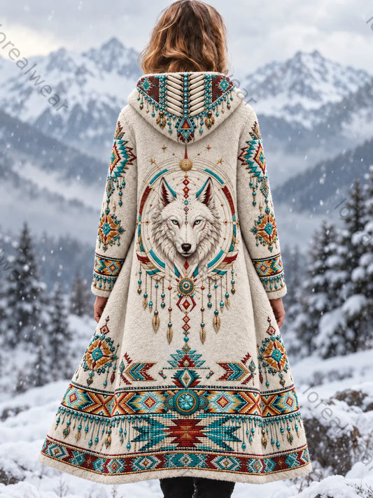 Women's Vintage Viking Wolf Head Aztec Thick Flannel Jacket