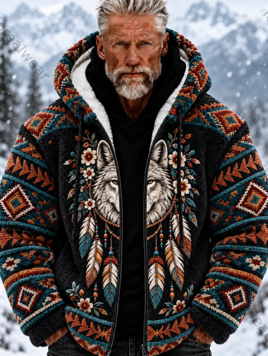 Men's Vintage Viking Wolf Head Aztec Thick Flannel Jacket