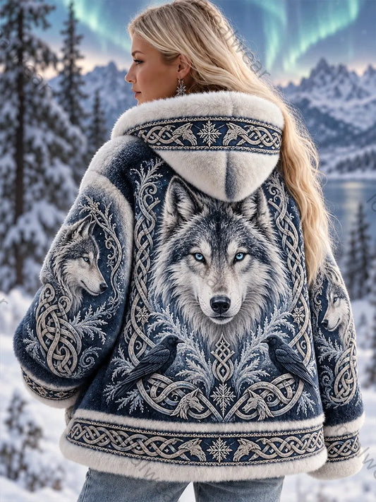 Women's Vintage NordicVikingScandinavian Style Art-Print Casual Flannel Cozy Jacket